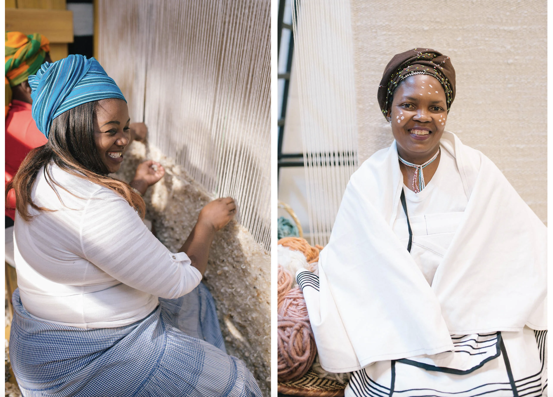 Coral and Hive Weavers with Handwoven Custom Rug in African Wool and Mohair at South African Loom